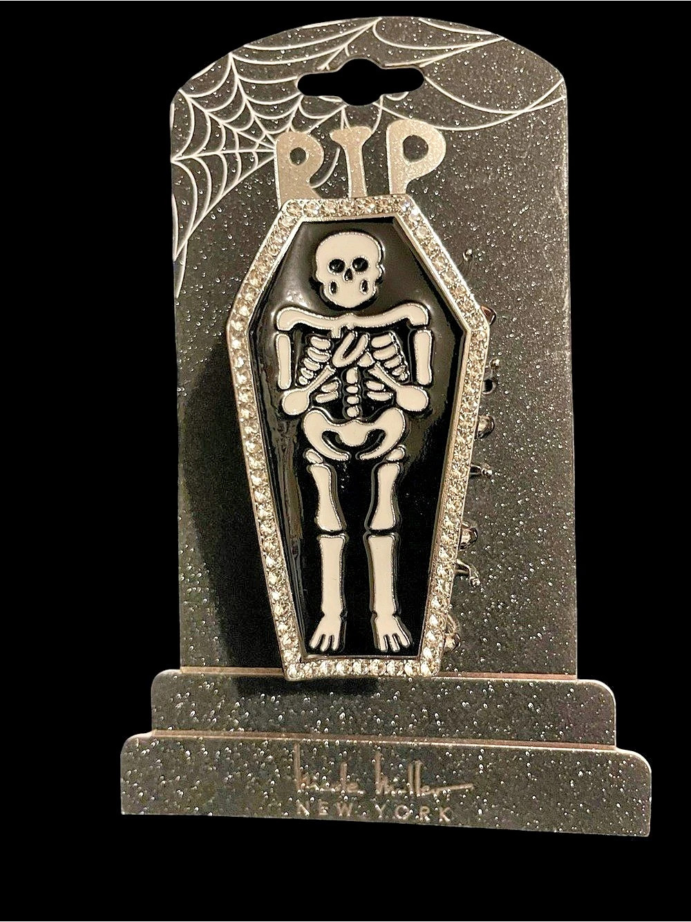 Nicole Miller RIP New York Skeleton Coffin Hair Clip Black Silver, NWT โฐ๏ธ ๐